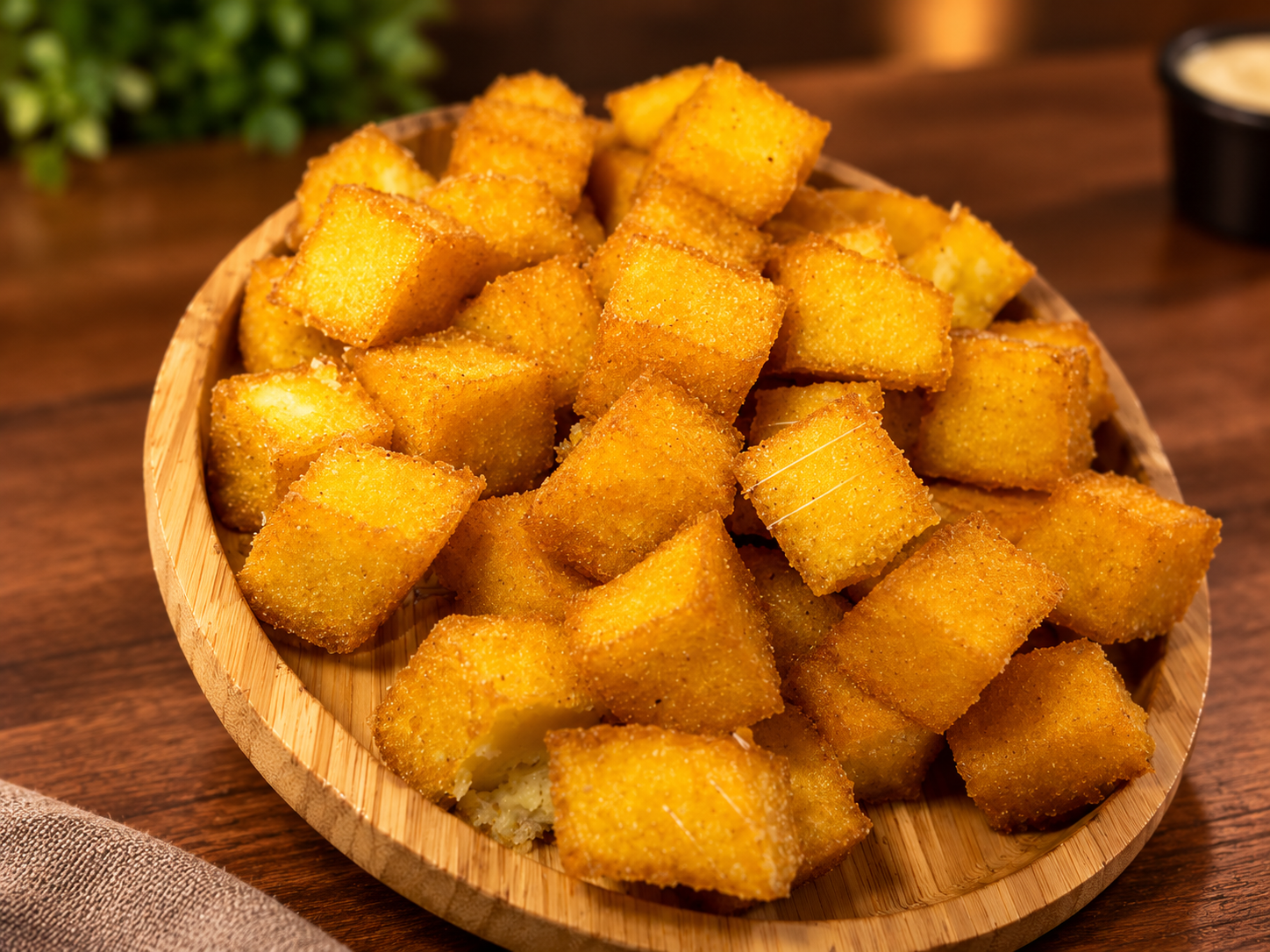 Polenta frita crocante em cubos
